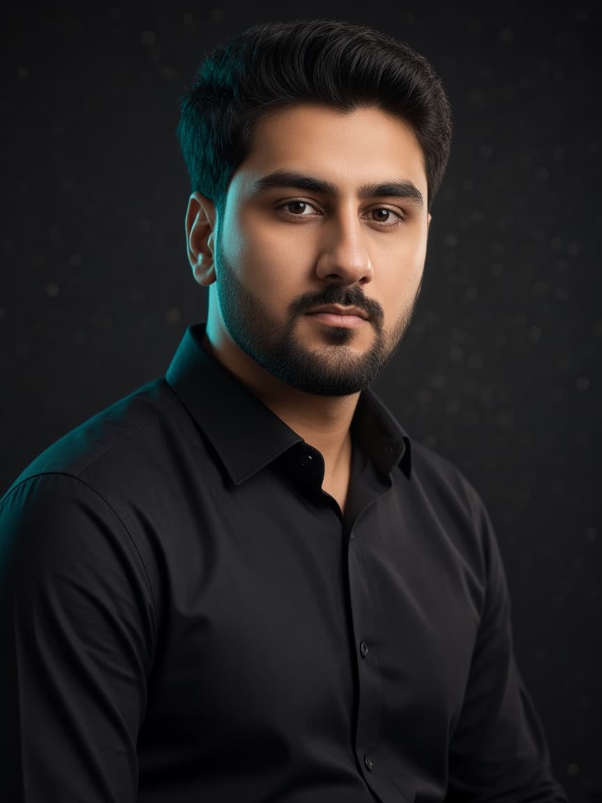 Cinematic studio portrait of Saifullah Khalid, React.js and React Native developer.